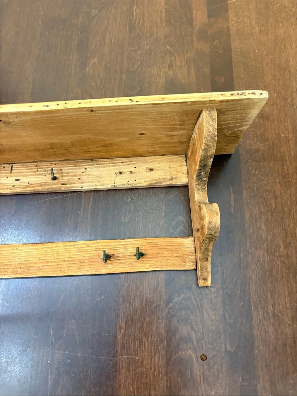 Rustic Wooden Wall Shelf with Hooks in Natural Wood